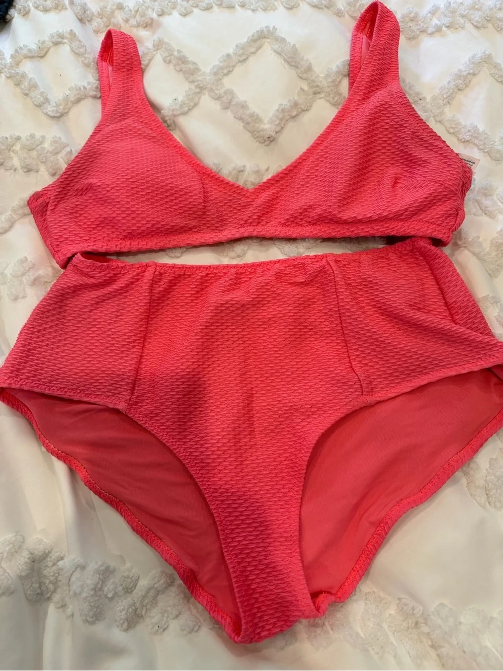 Textured Coral High-Waist Bikini Set